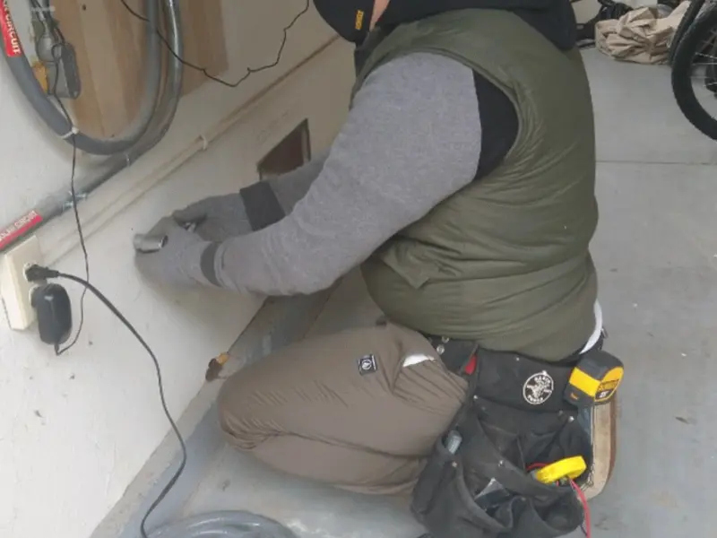 Electrician performing outlet wiring in a Perkiomen garage